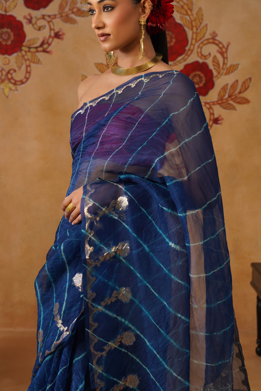 Midnight Blue Leheriya Kora Organza Saree