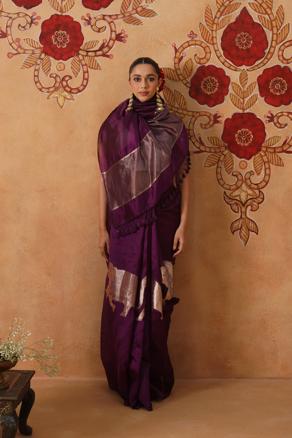 Deep Plum Elephant Motif Silk Saree