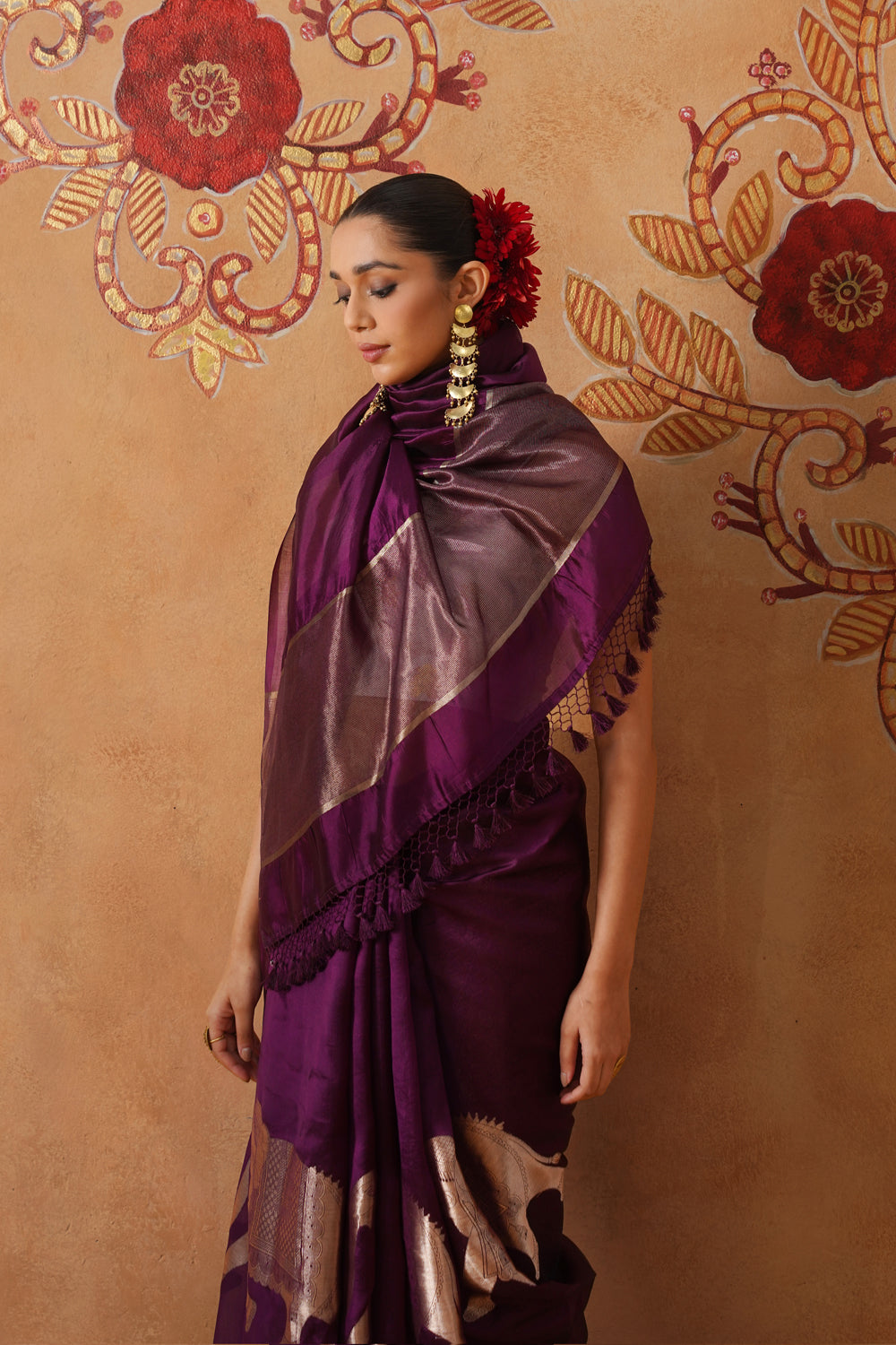 Deep Plum Elephant Motif Silk Saree