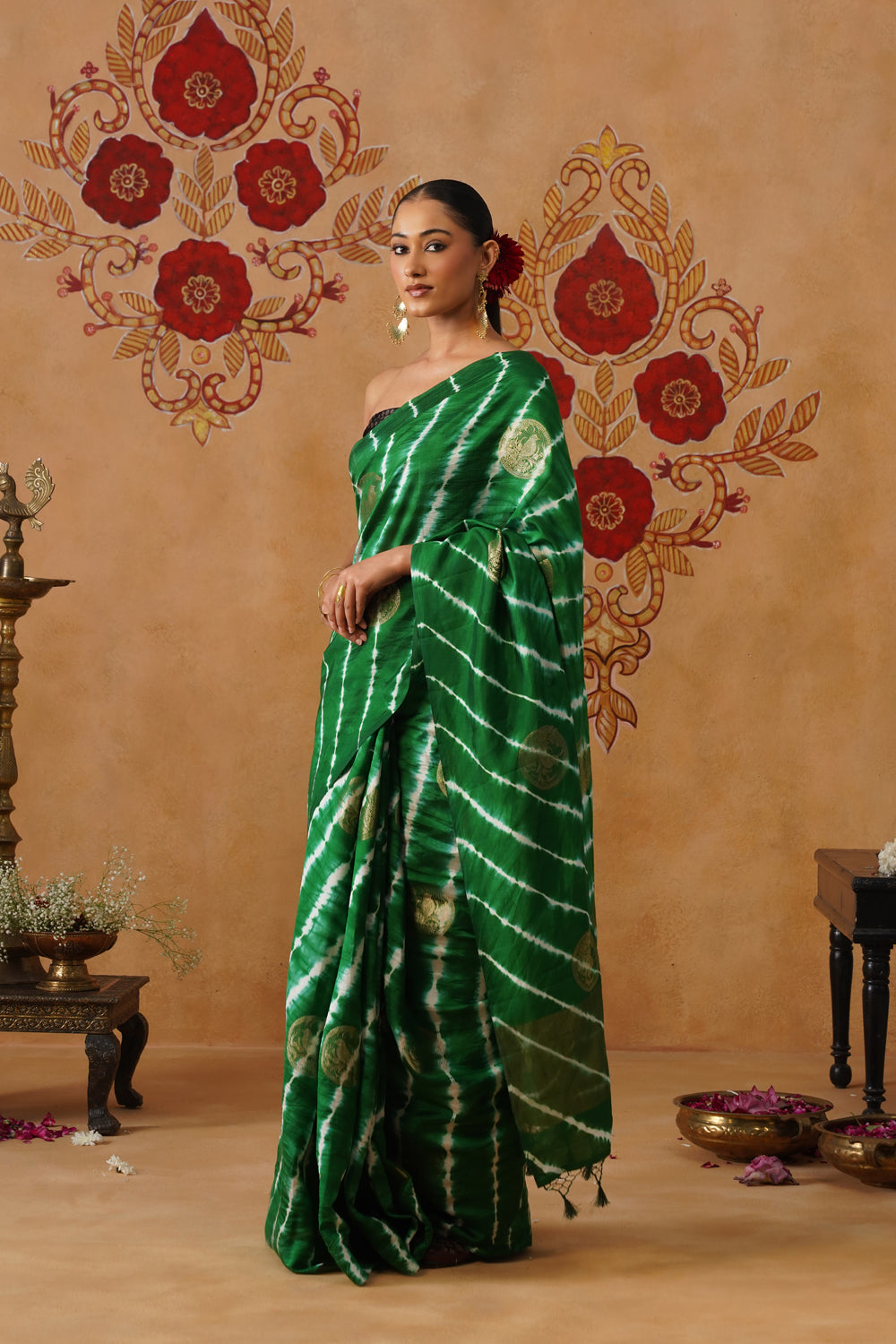 Emerald Green Leheriya Silk Saree