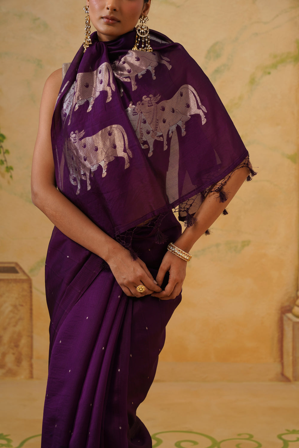 Handwoven Deep Purple Kora Katan Silk Saree with Pichwai Pallu