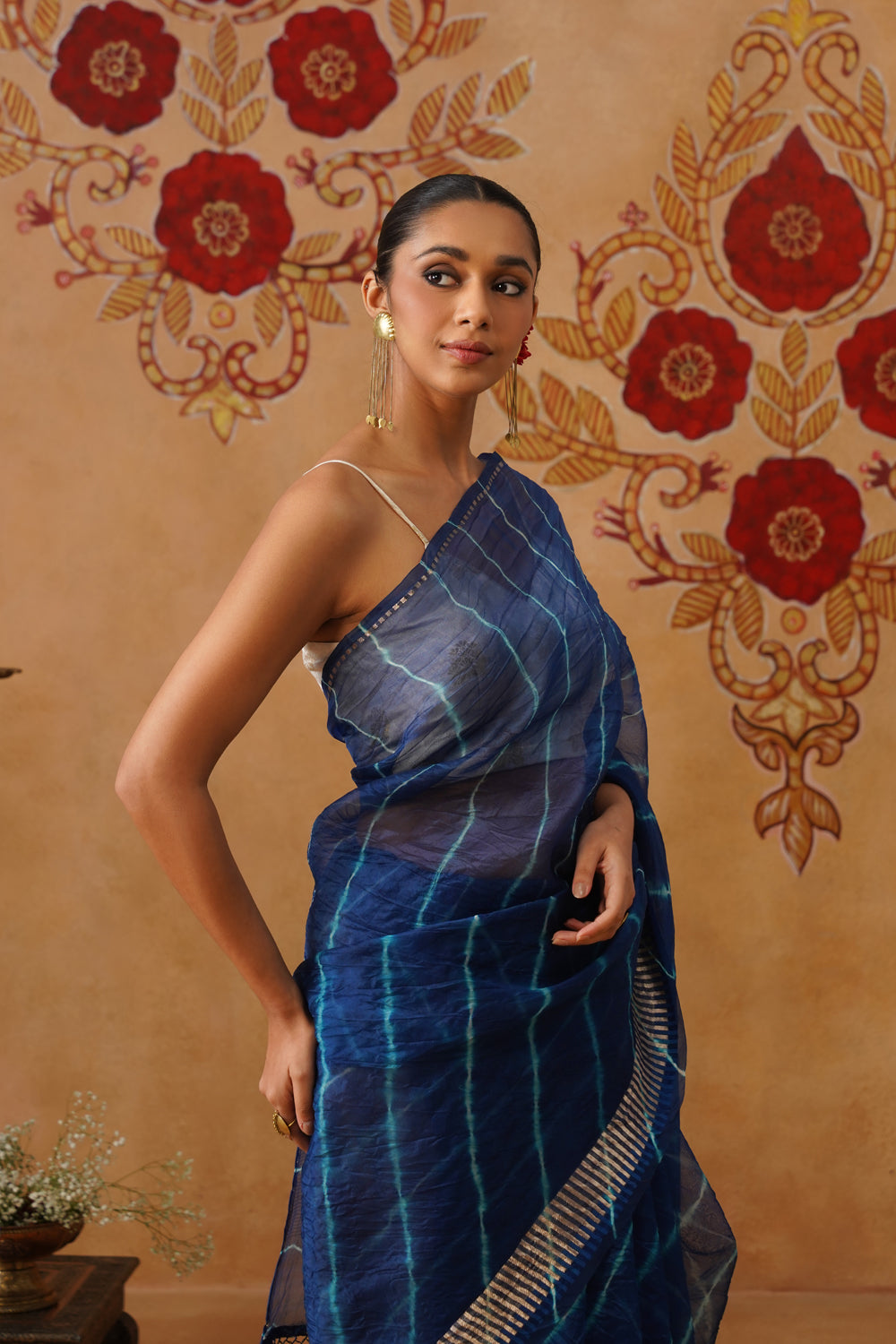 Royal Blue Leheriya Kora Organza Saree