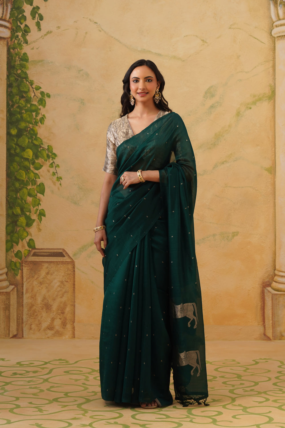 Handwoven Emerald Green Kora Katan Silk Saree with Horse Pallu