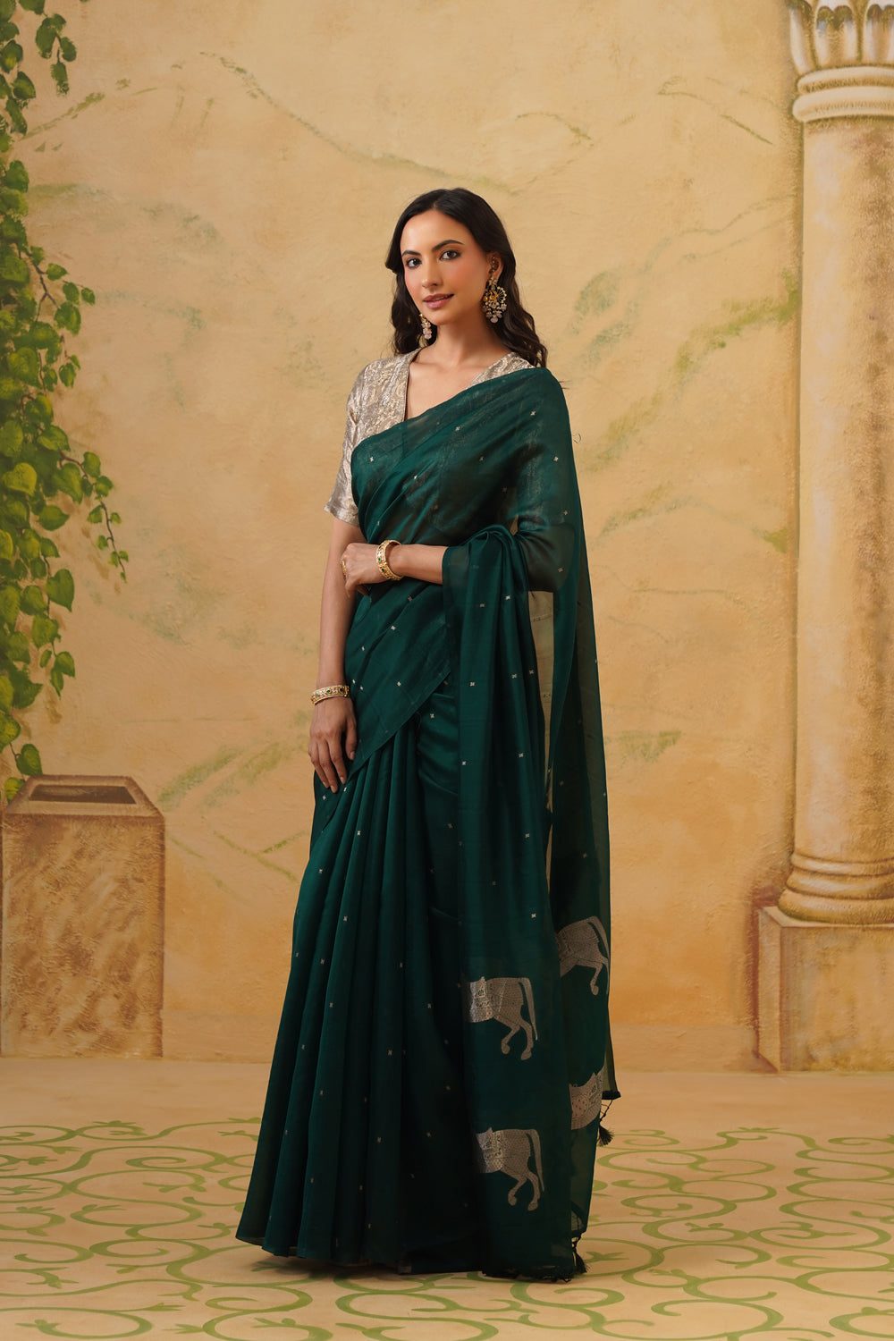 Handwoven Emerald Green Kora Katan Silk Saree with Horse Pallu