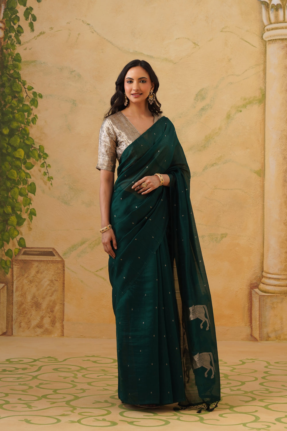 Handwoven Emerald Green Kora Katan Silk Saree with Horse Pallu