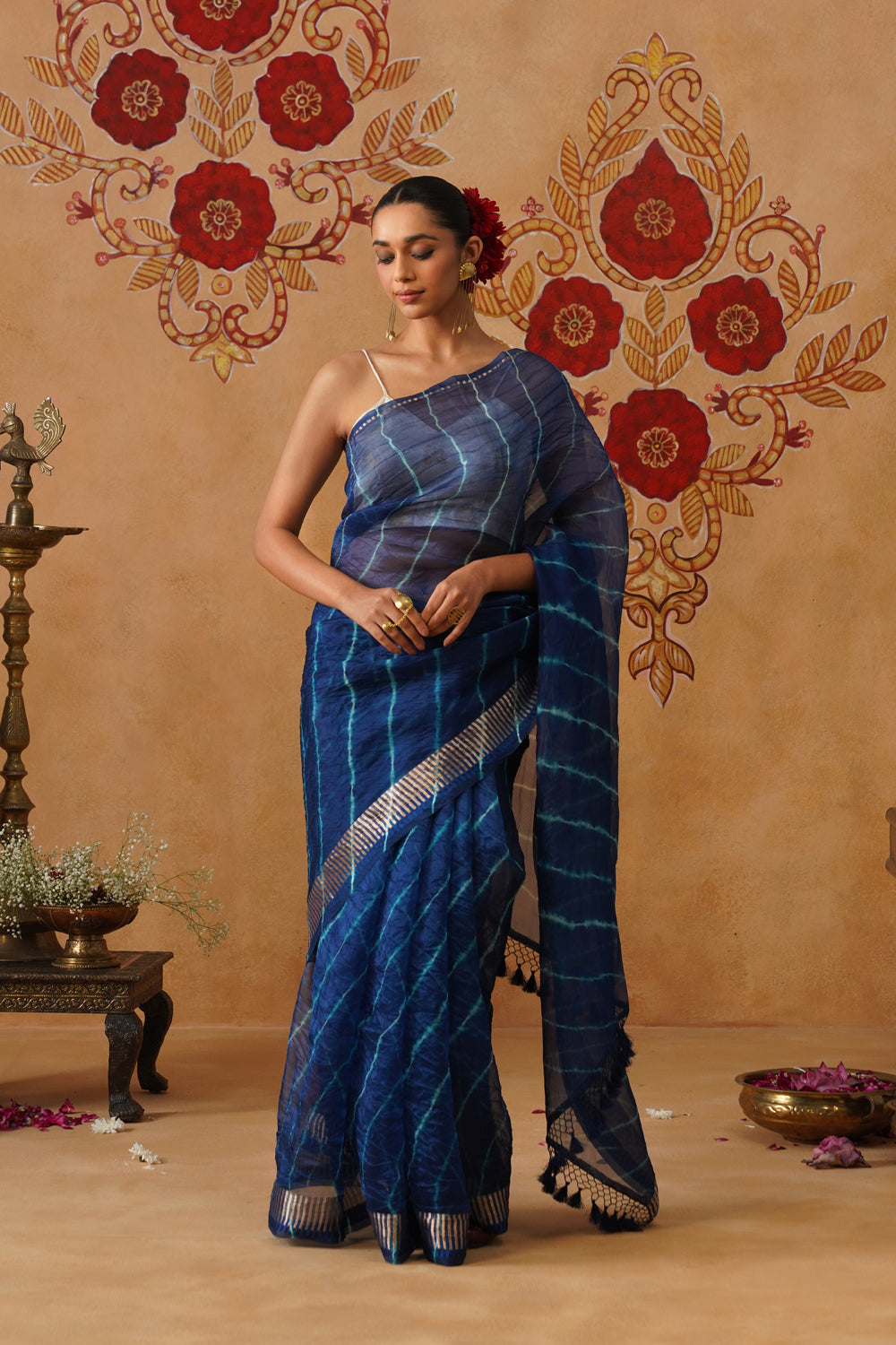 Royal Blue Leheriya Kora Organza Saree