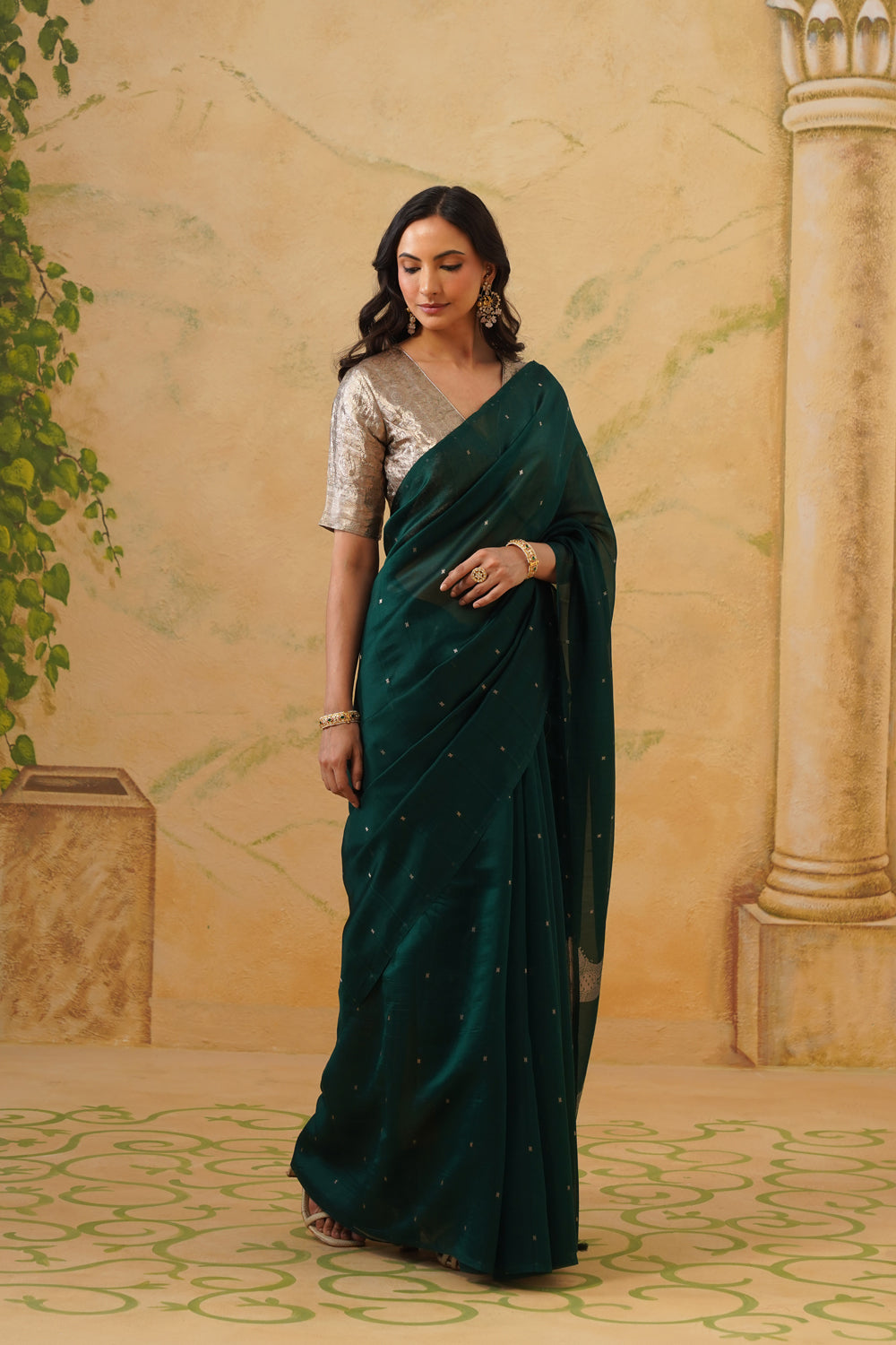 Handwoven Emerald Green Kora Katan Silk Saree with Horse Pallu
