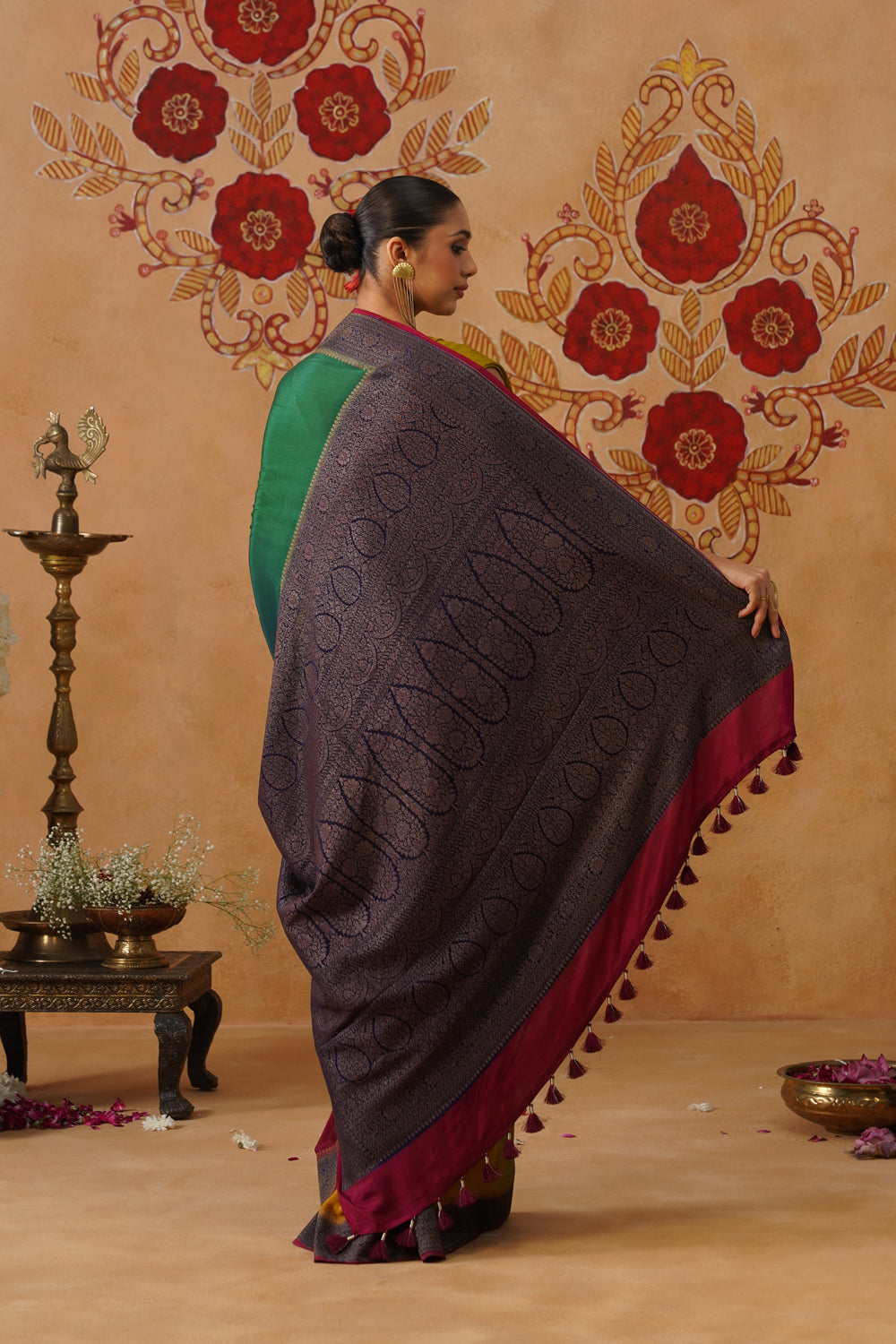 Bottle Green Hand-Dyed Crepe Silk Banarasi Saree