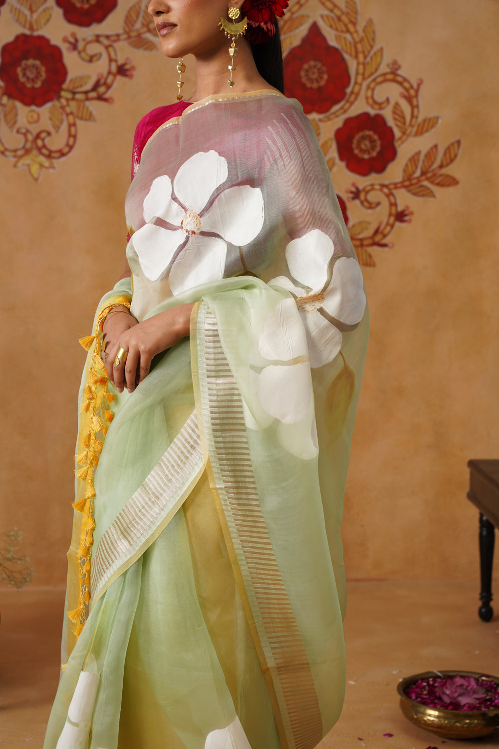 Mint Green Floral Painted Organza Saree