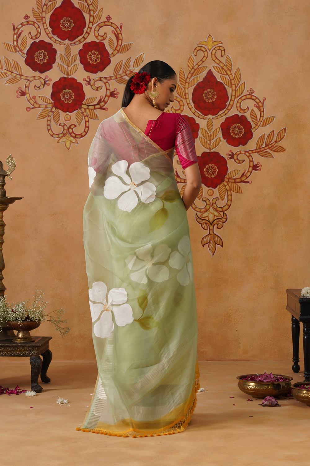 Mint Green Floral Painted Organza Saree