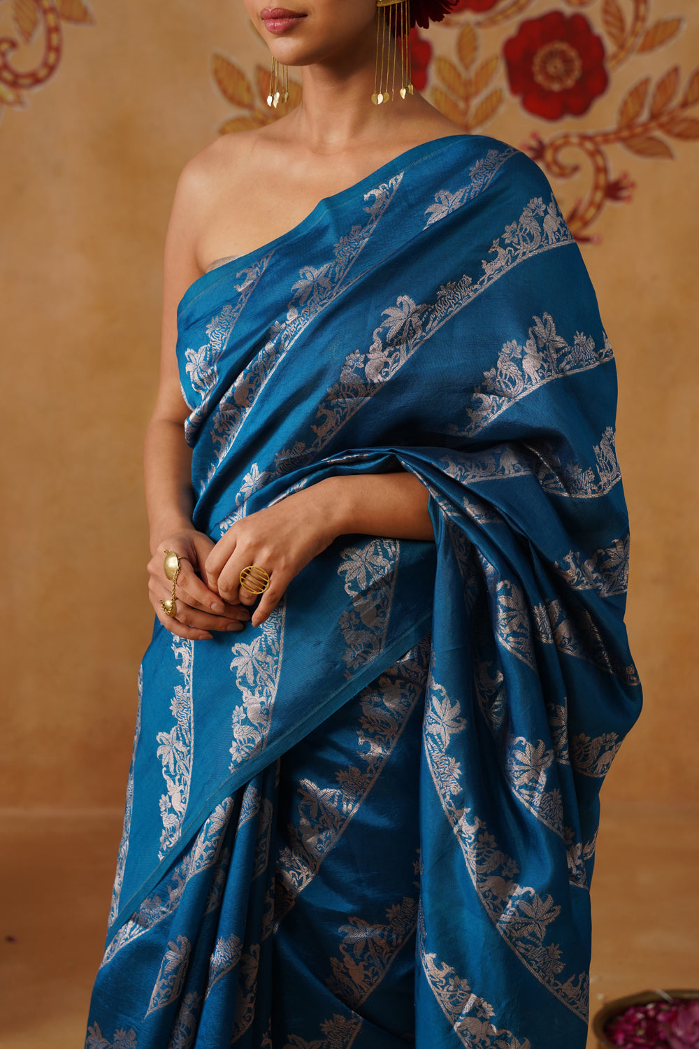 Deep Blue Green Shikargah Katan Silk Saree