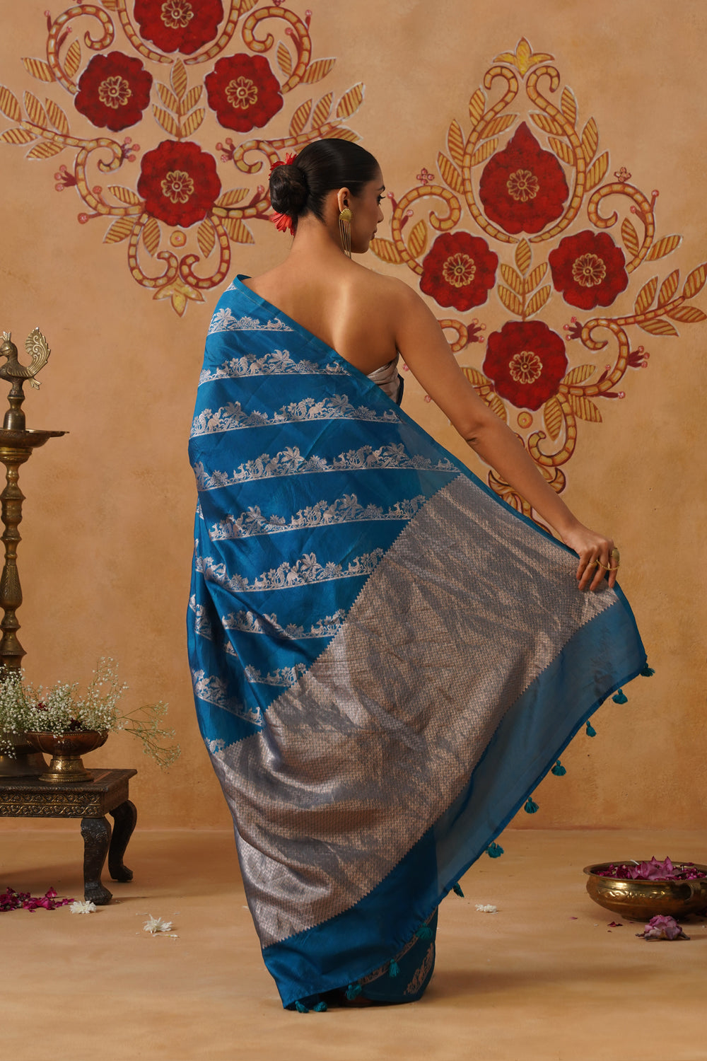 Deep Blue Green Shikargah Katan Silk Saree
