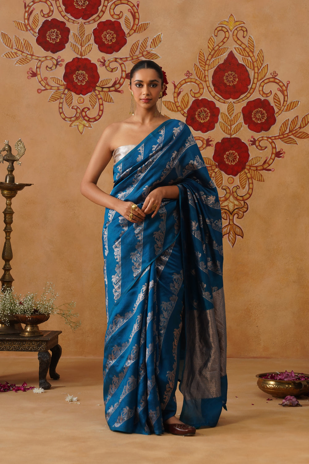 Deep Blue Green Shikargah Katan Silk Saree