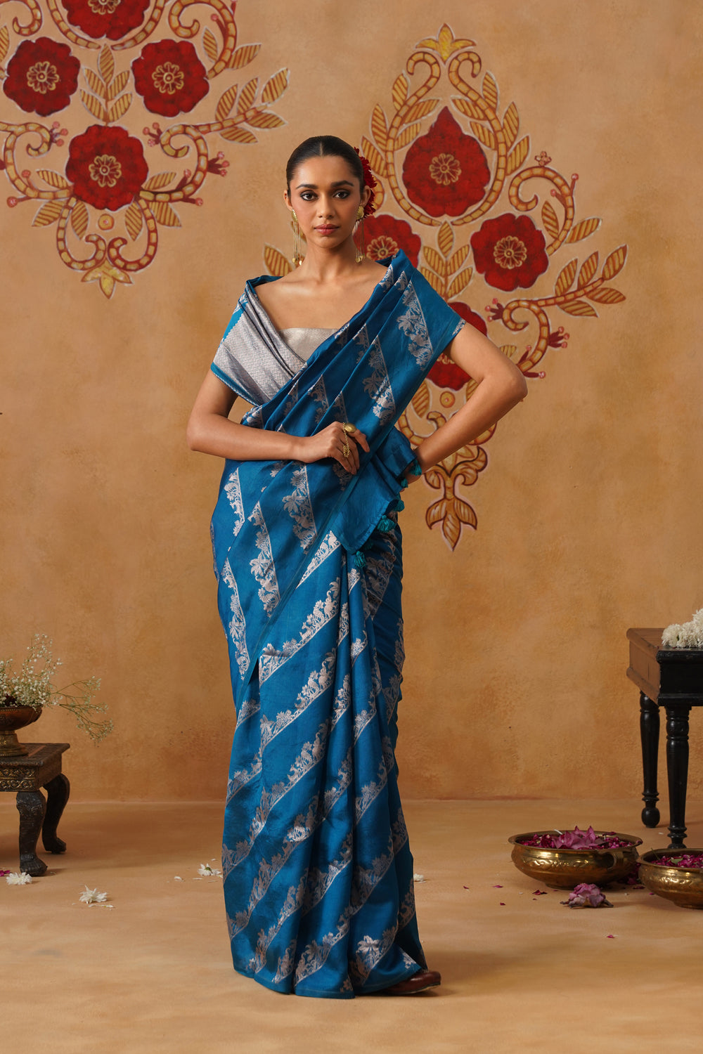 Deep Blue Green Shikargah Katan Silk Saree