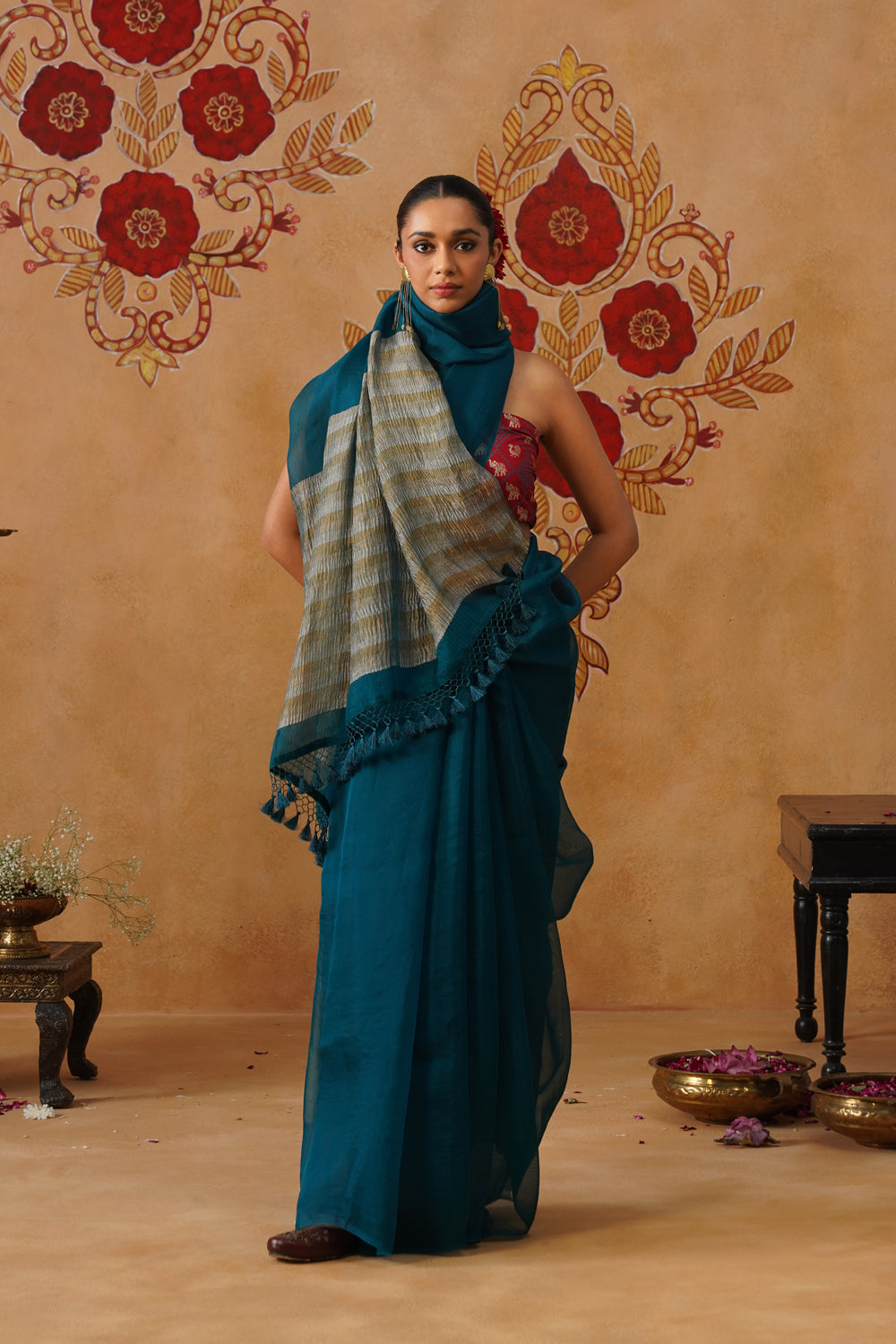 Deep Blue-Green Tissue Striped Kora Organza Saree