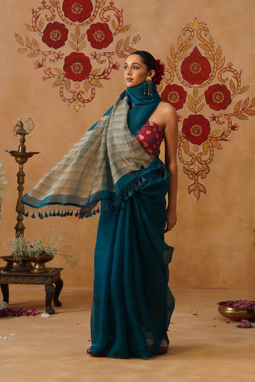 Deep Blue-Green Tissue Striped Kora Organza Saree