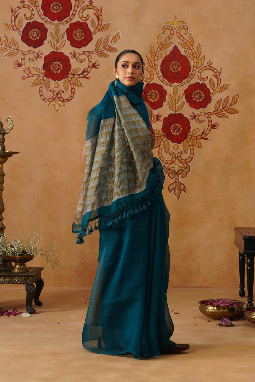 Deep Blue-Green Tissue Striped Kora Organza Saree