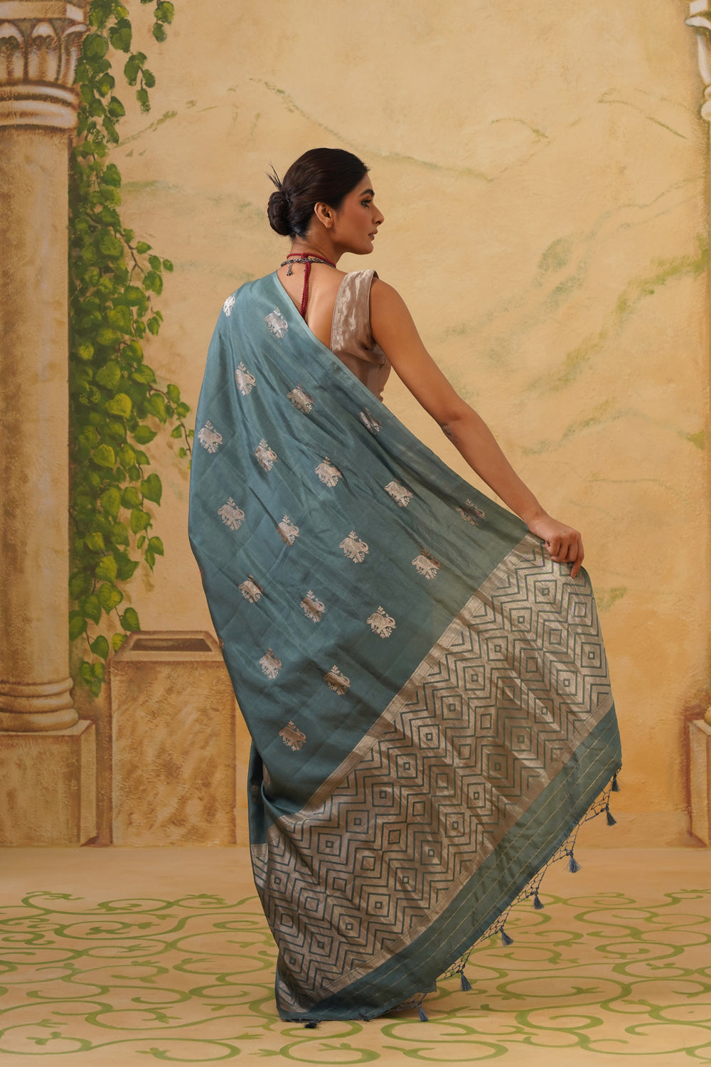 Handwoven Slate-Teal Katan Silk Saree with Kadwa Elephant Motifs