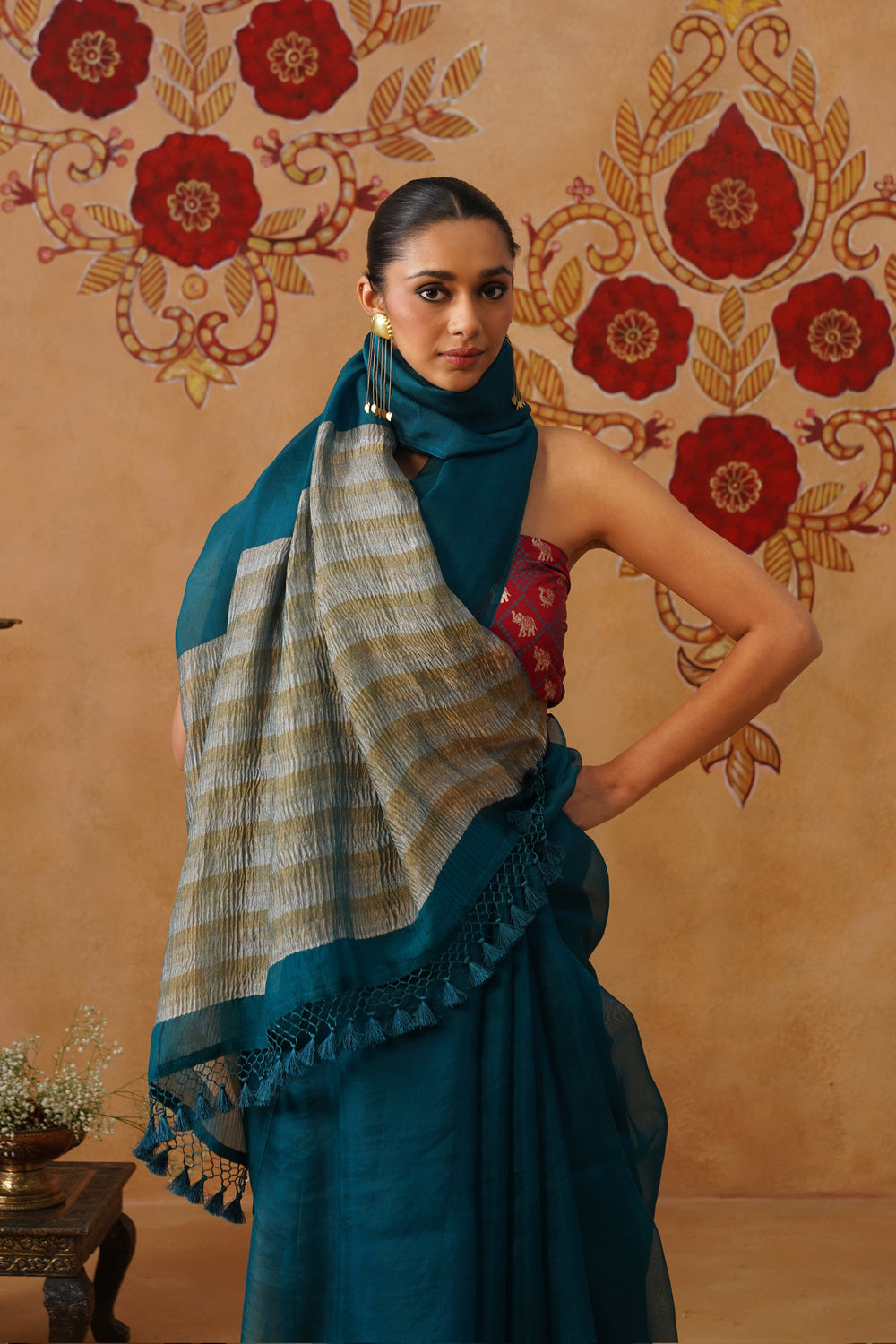 Deep Blue-Green Tissue Striped Kora Organza Saree