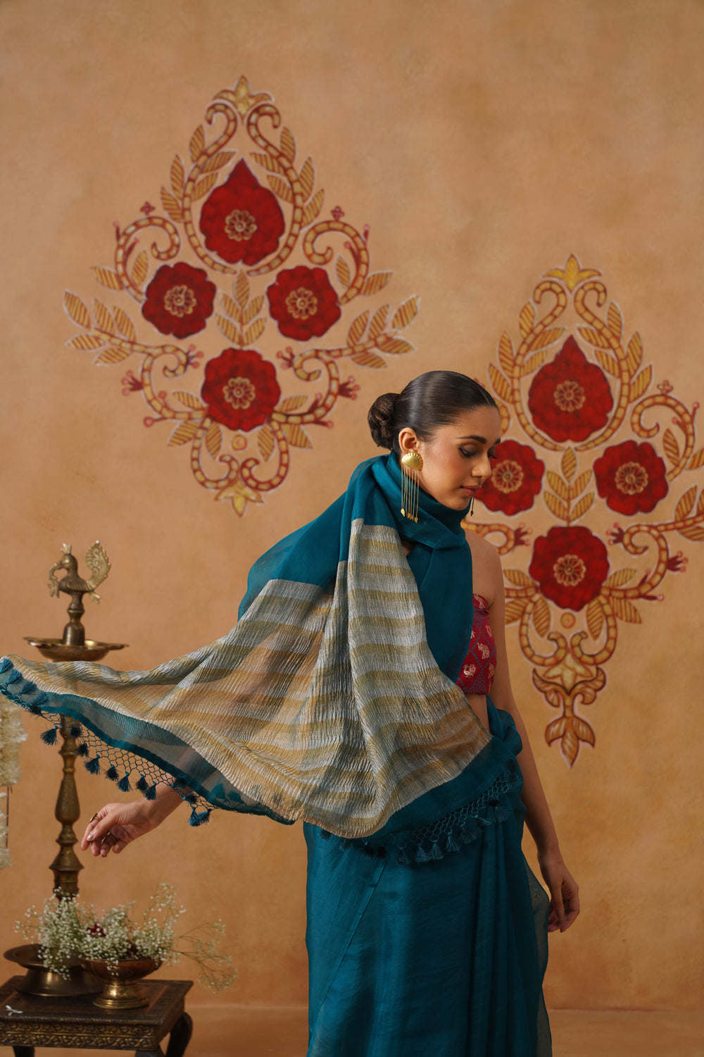Deep Blue-Green Tissue Striped Kora Organza Saree