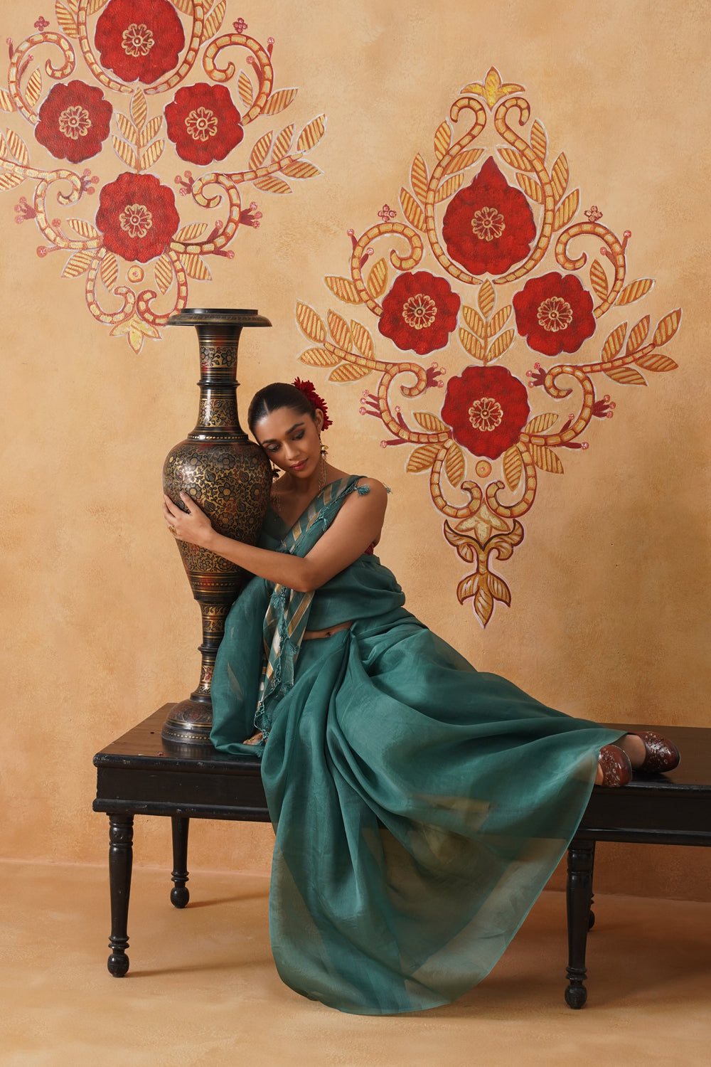 Teal Blue Tissue Striped Kora Organza Saree