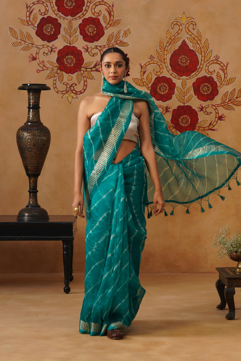 Turquoise Leheriya Kora Organza Saree