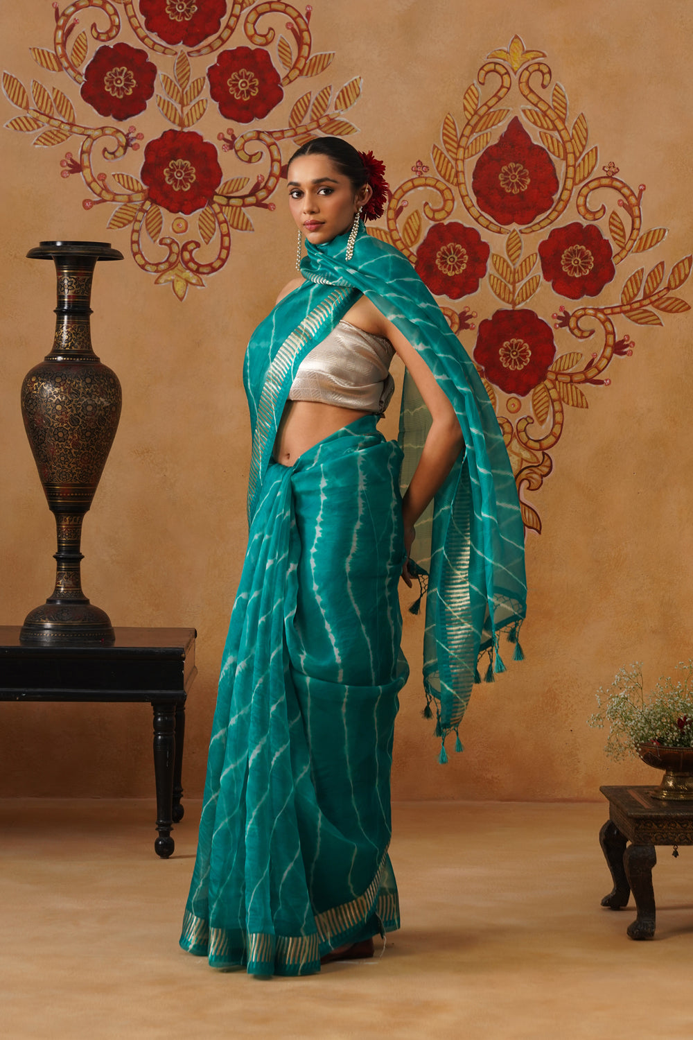 Turquoise Leheriya Kora Organza Saree