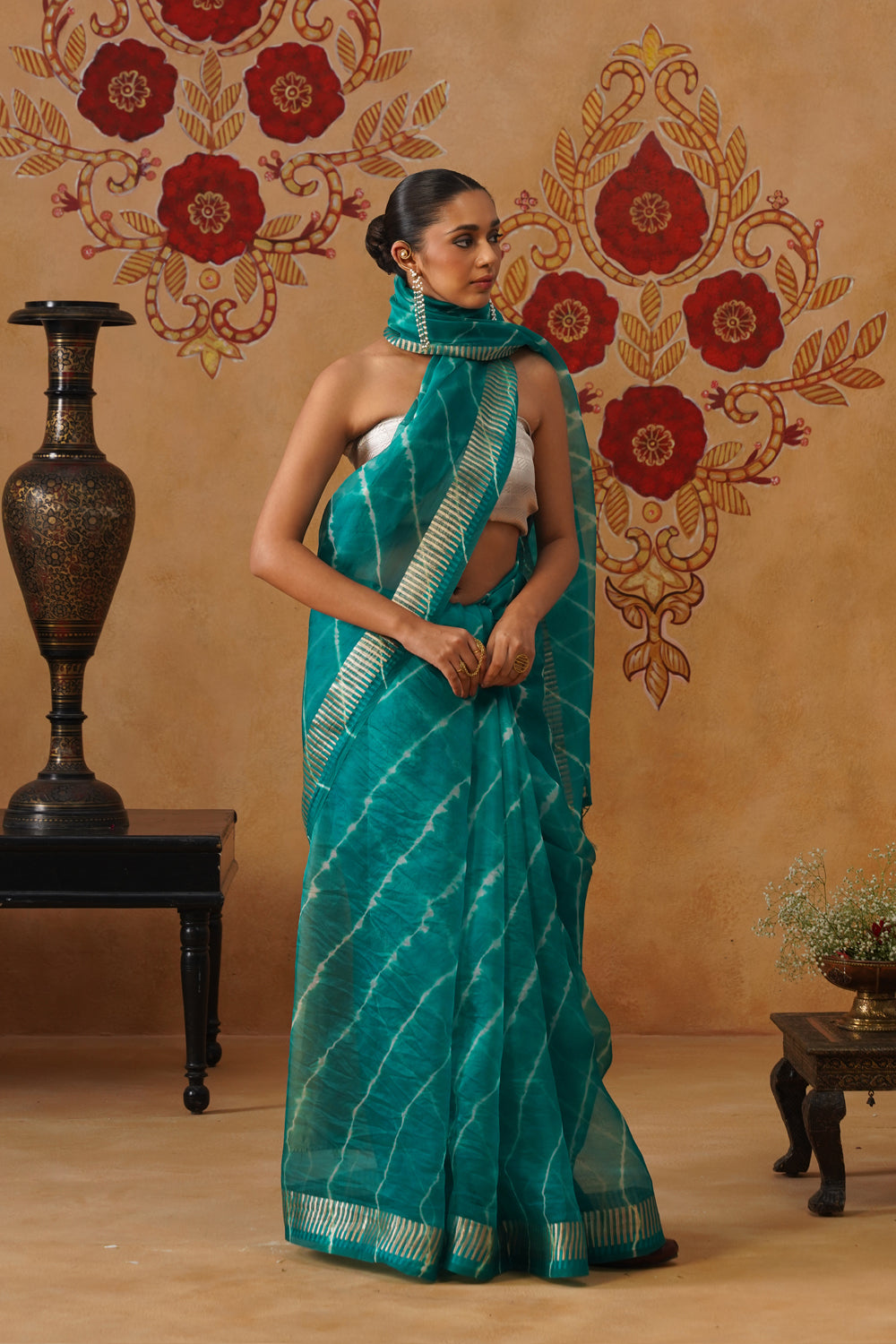 Turquoise Leheriya Kora Organza Saree
