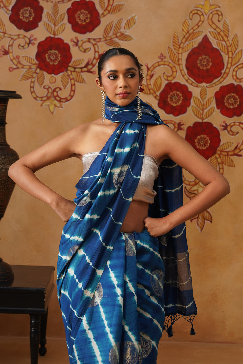Ocean Blue Leheriya Silk Saree