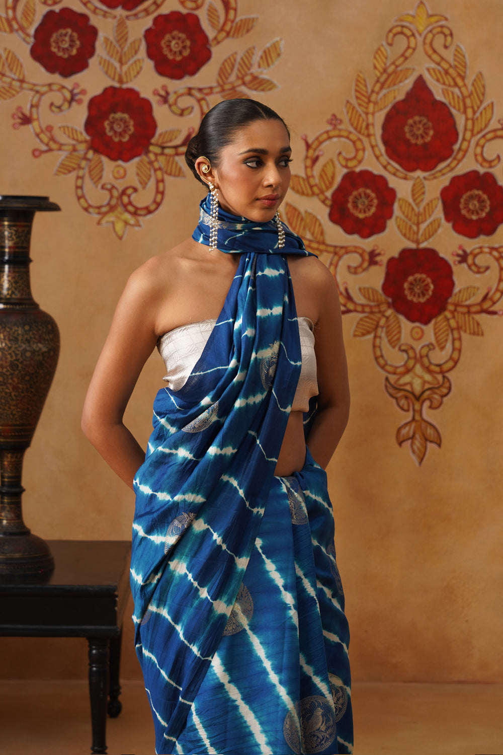 Ocean Blue Leheriya Silk Saree