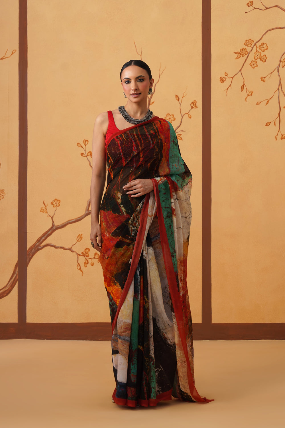 Hand-Inspired Emerald Chiffon Saree with Botanical All-Over Print