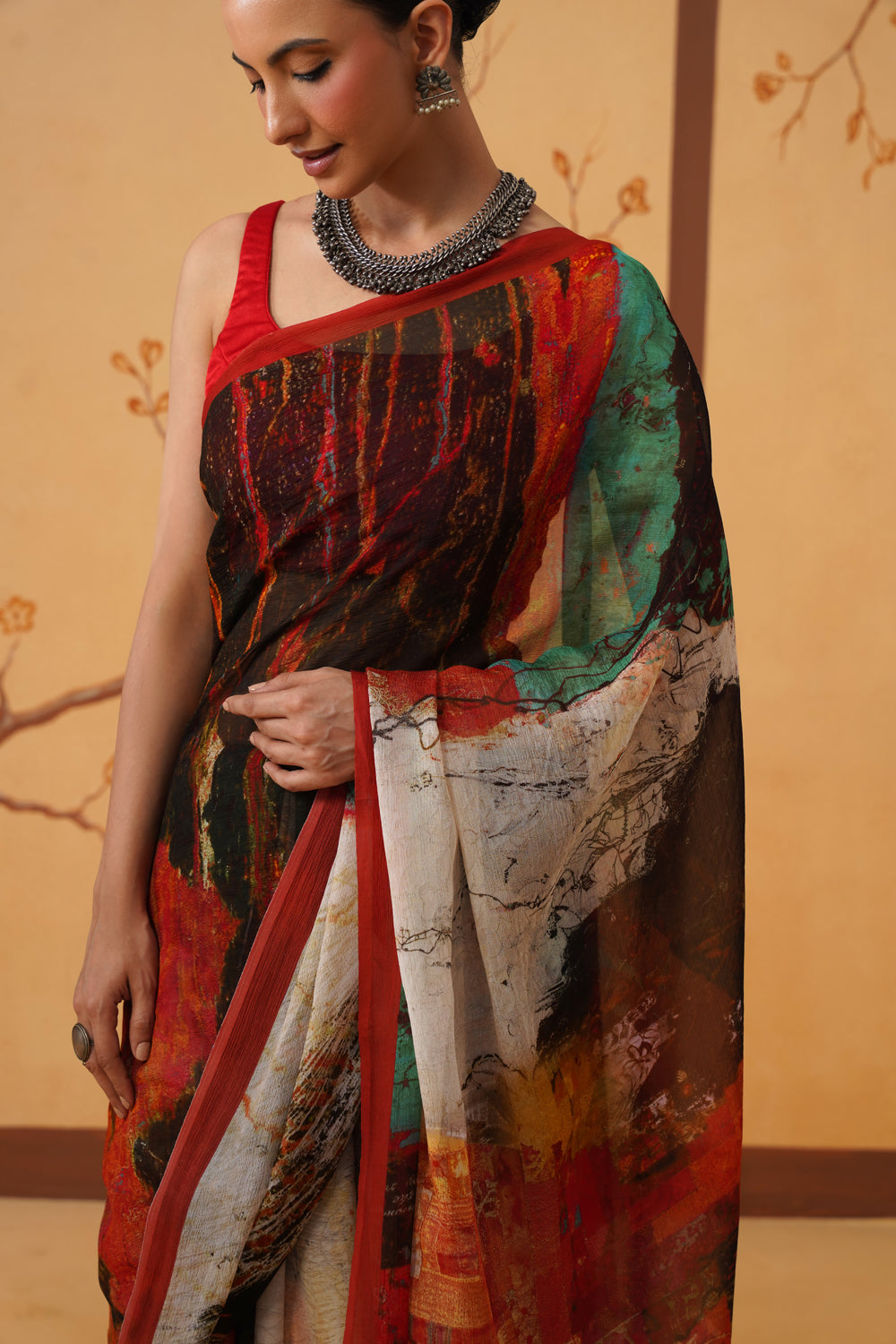 Hand-Inspired Emerald Chiffon Saree with Botanical All-Over Print