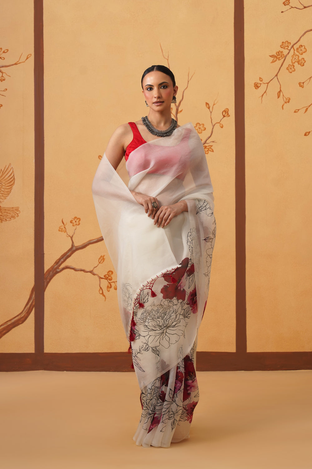 Crimson Bloom: Kora Organza Saree with Floral Art