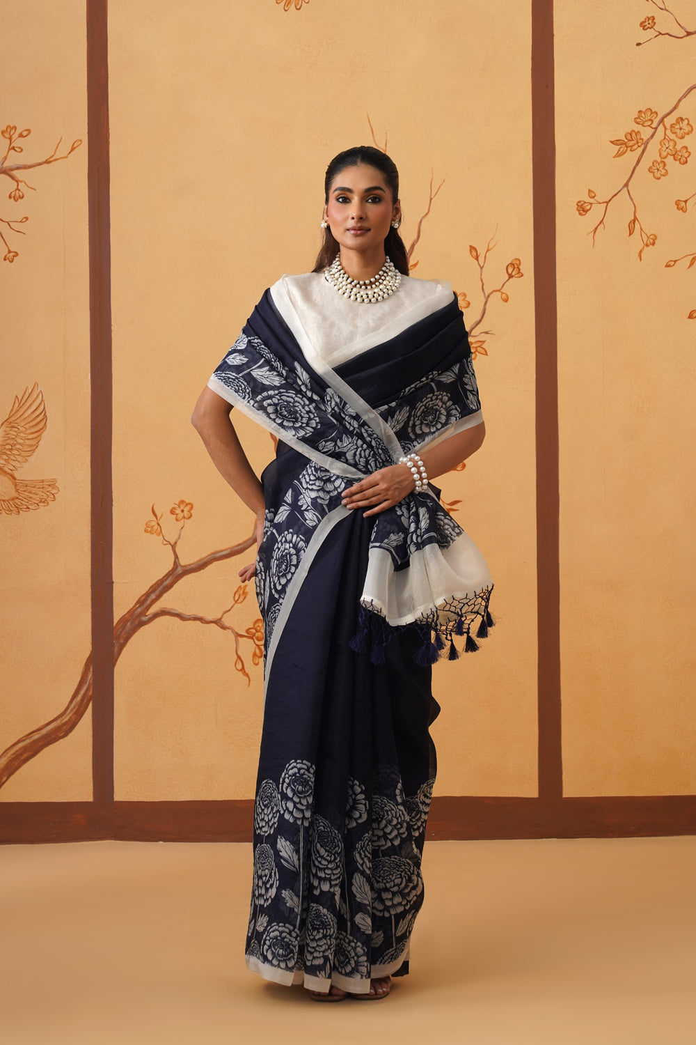 Midnight Garden: Kora Organza Saree with Monochrome Florals