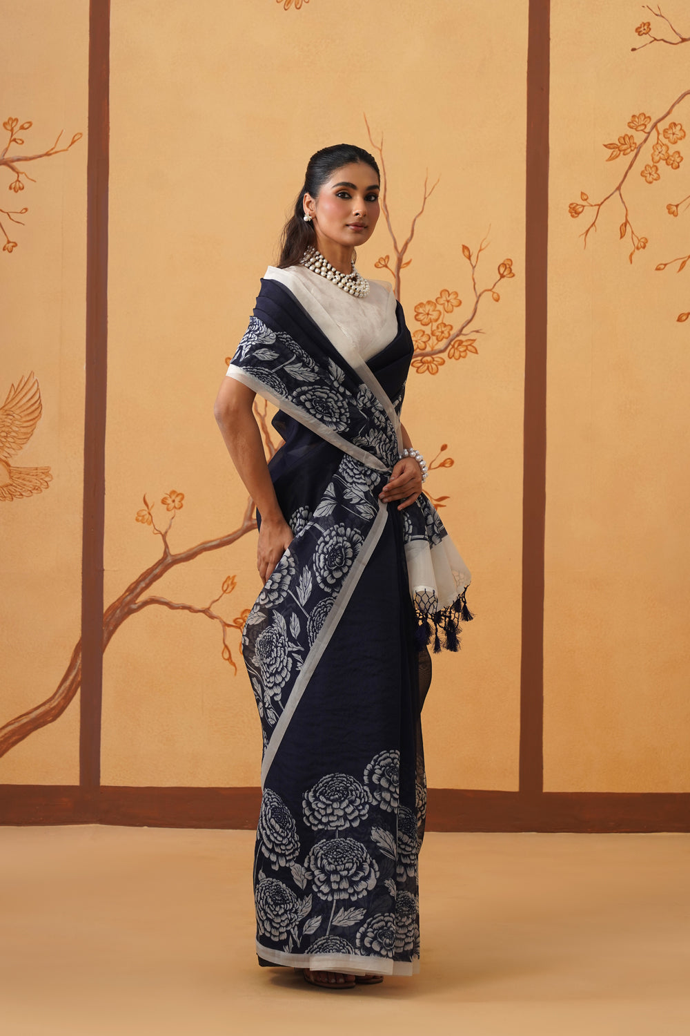 Midnight Garden: Kora Organza Saree with Monochrome Florals