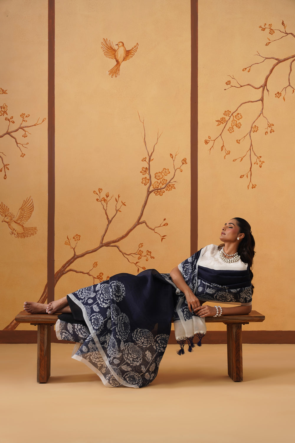Midnight Garden: Kora Organza Saree with Monochrome Florals