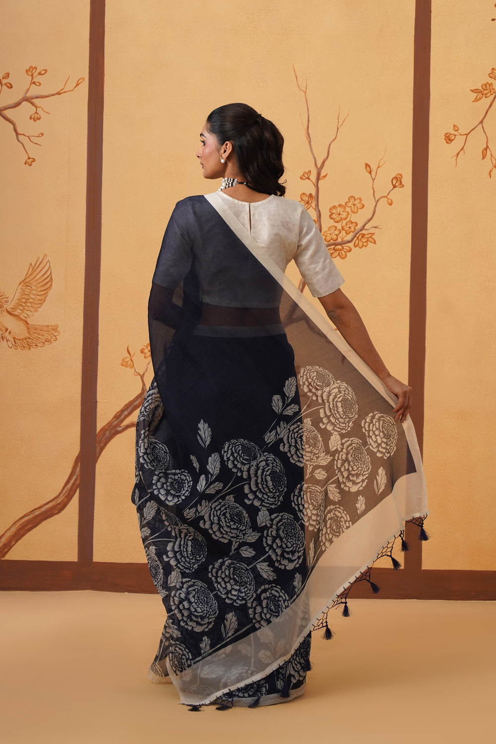 Midnight Garden: Kora Organza Saree with Monochrome Florals