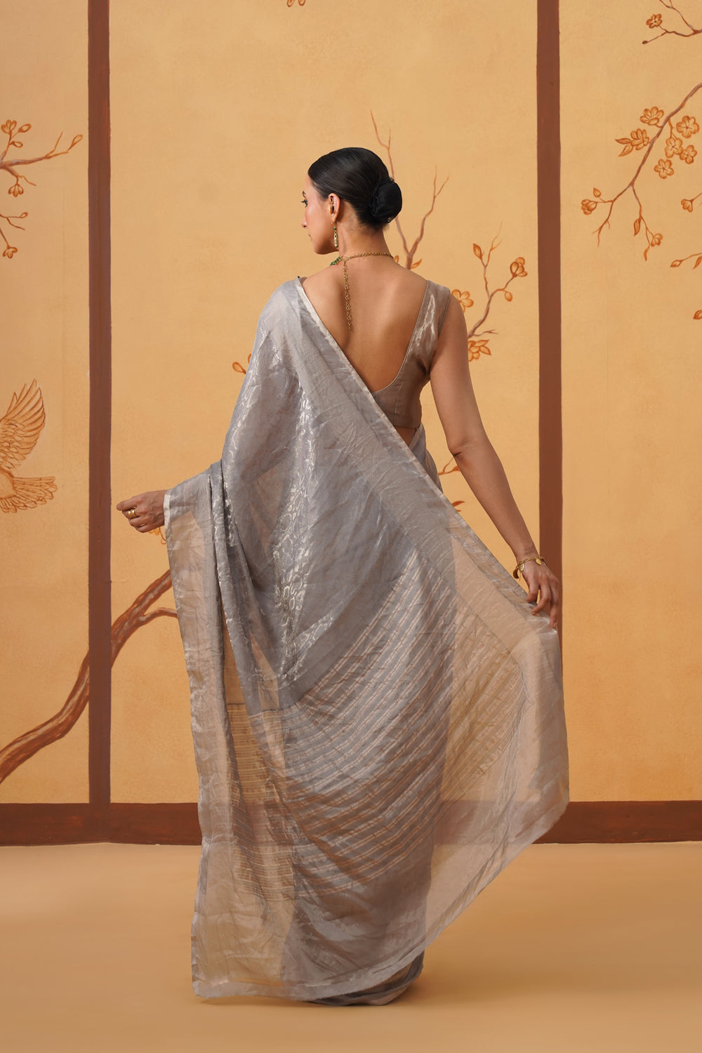 Handwoven Tissue Katan Saree in Silver Mist