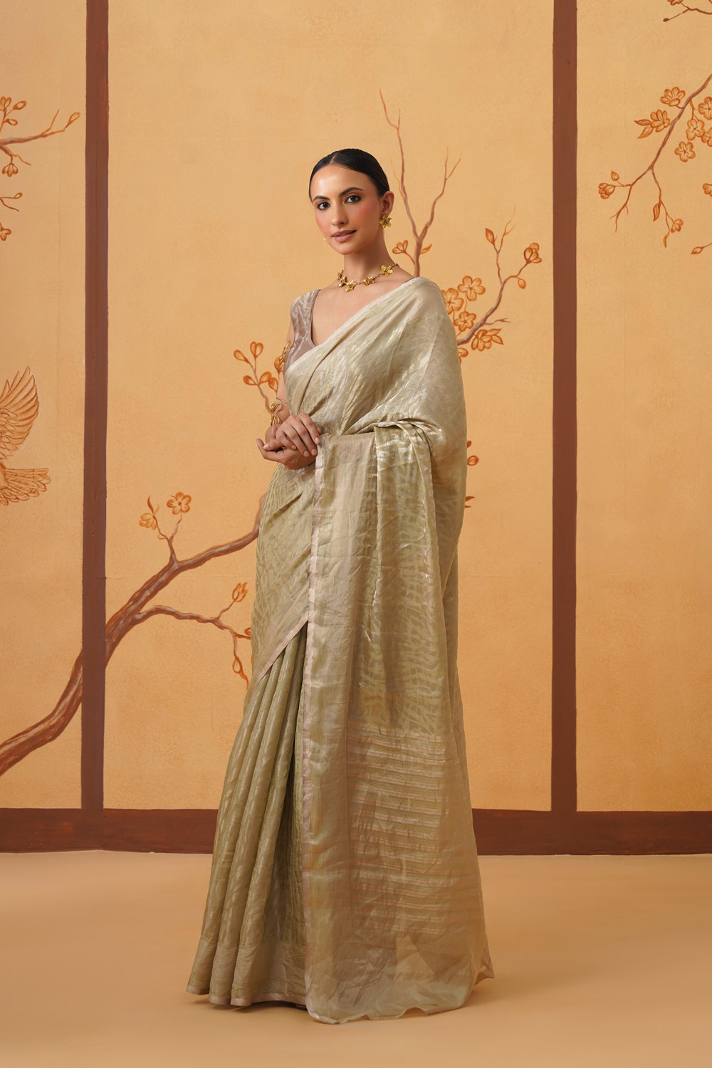 Handwoven Tissue Katan Saree in Pistachio Glimmer