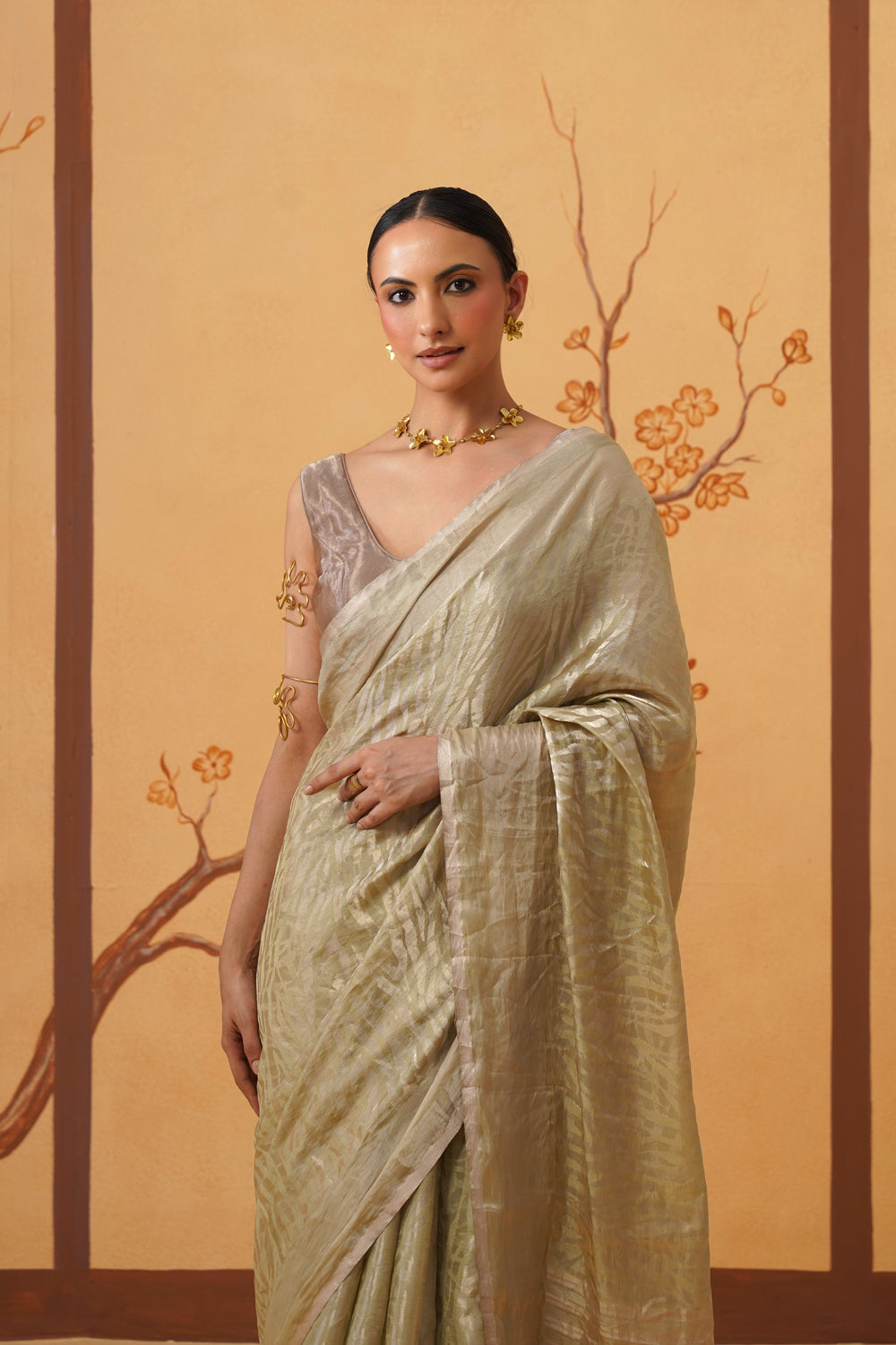 Handwoven Tissue Katan Saree in Pistachio Glimmer