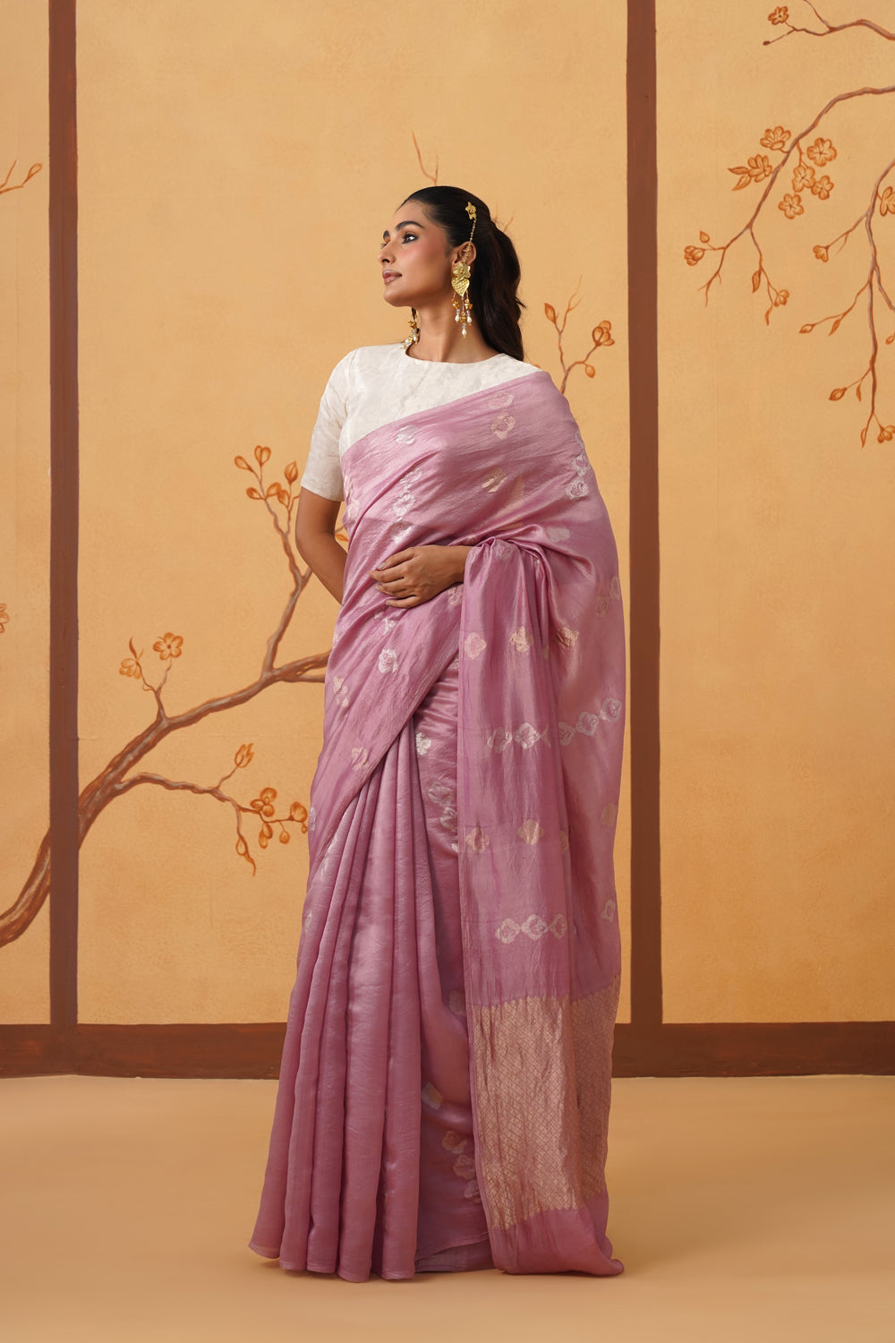 Handwoven Onion Pink Kora Katan Silk Saree