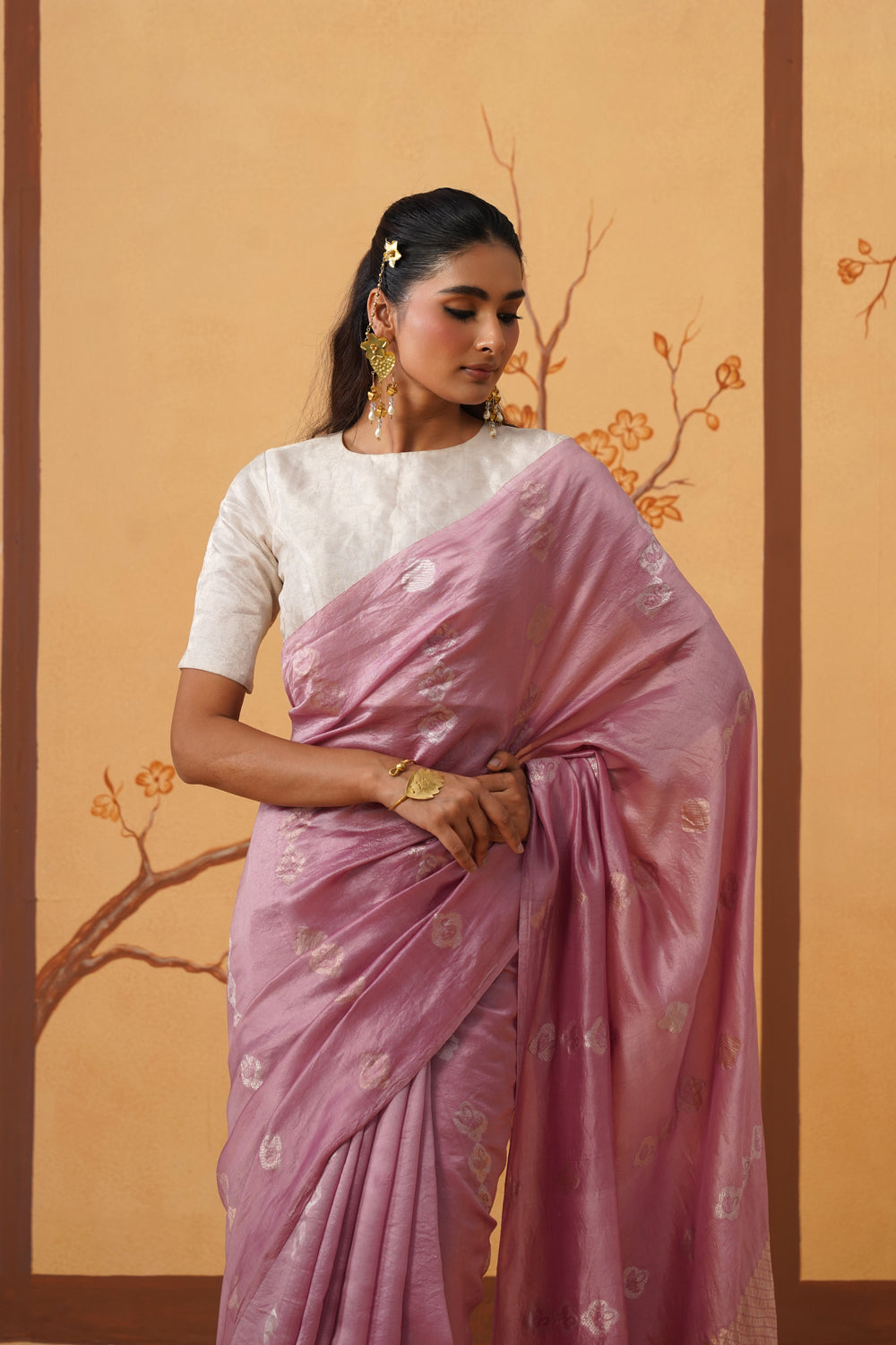 Handwoven Onion Pink Kora Katan Silk Saree