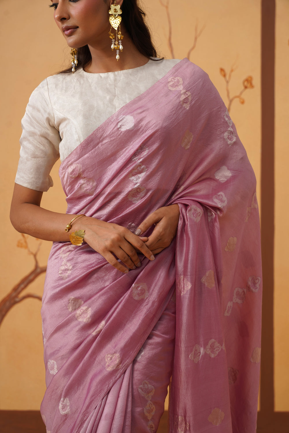 Handwoven Onion Pink Kora Katan Silk Saree