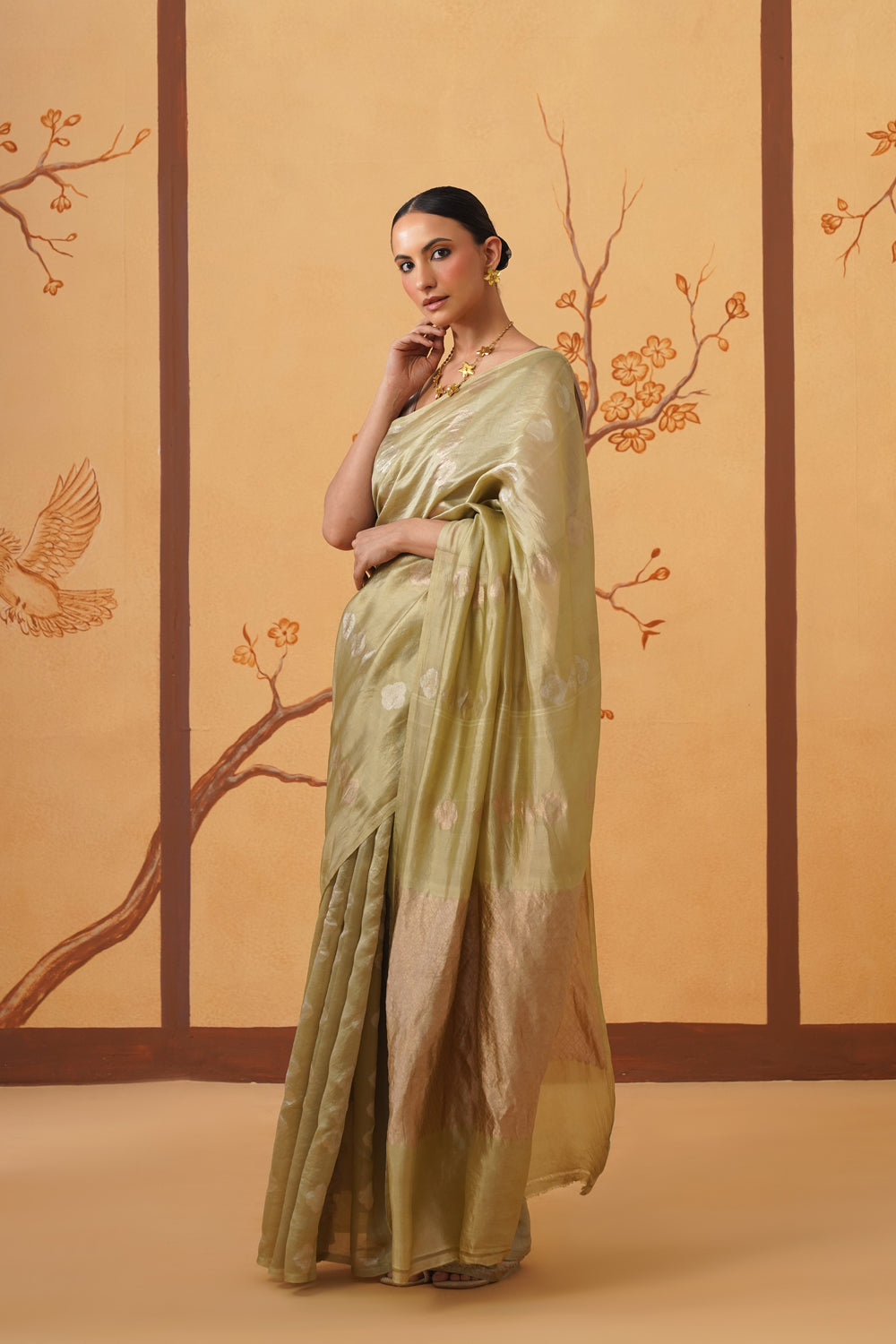 Handwoven Muted Pistachio Green Kora Katan Silk Saree
