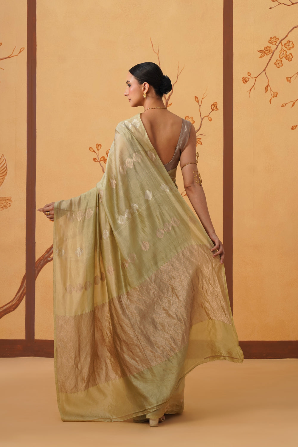 Handwoven Muted Pistachio Green Kora Katan Silk Saree
