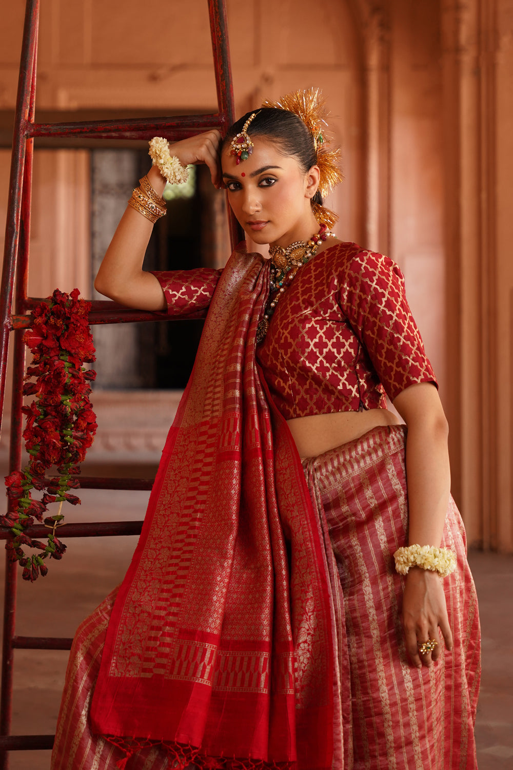 Handwoven Tissue Katan Silk Saree in Vermillion Red with Textured Stripes