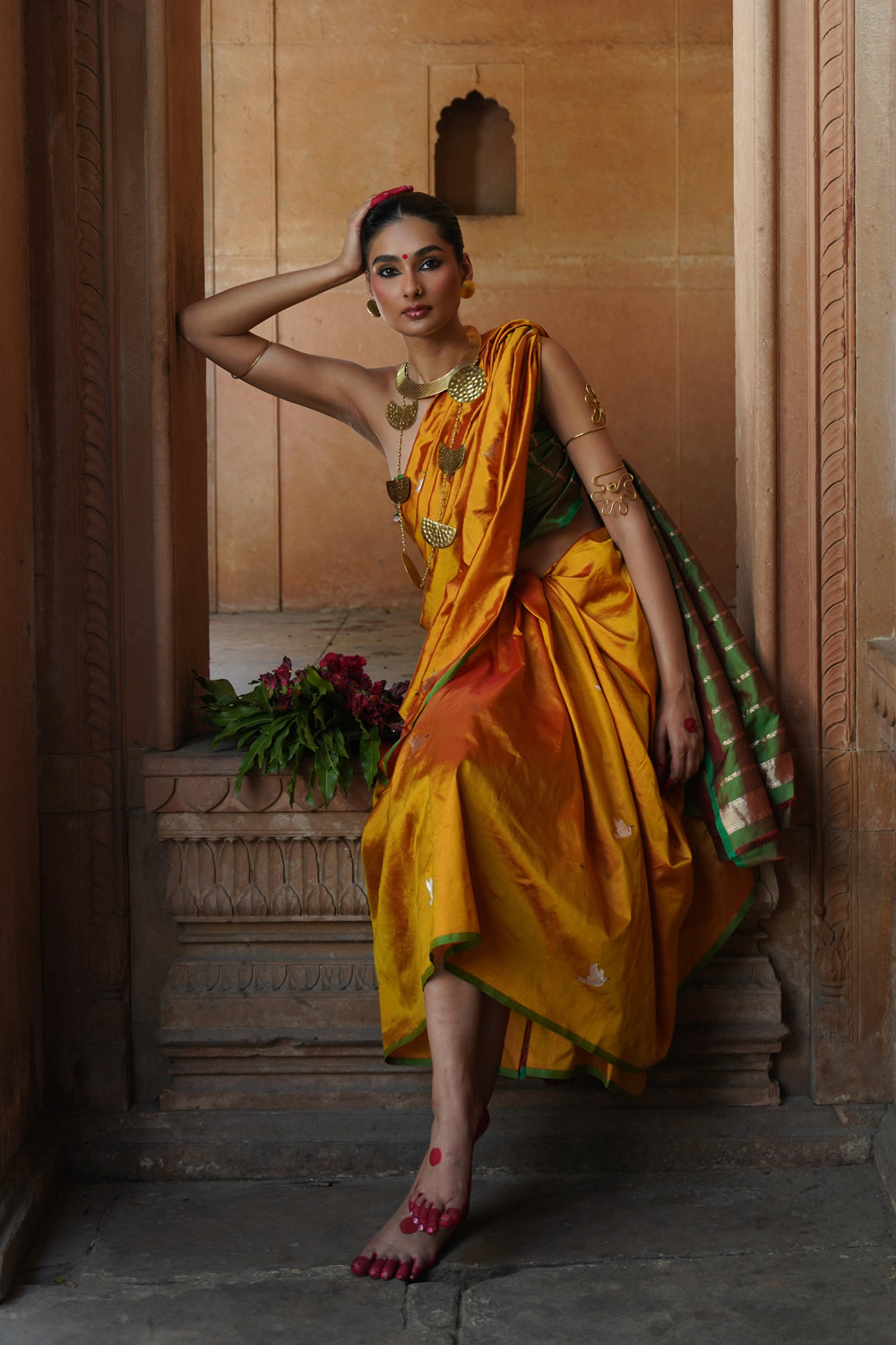 Handwoven Katan Silk Saree in Mustard Yellow with Green Border