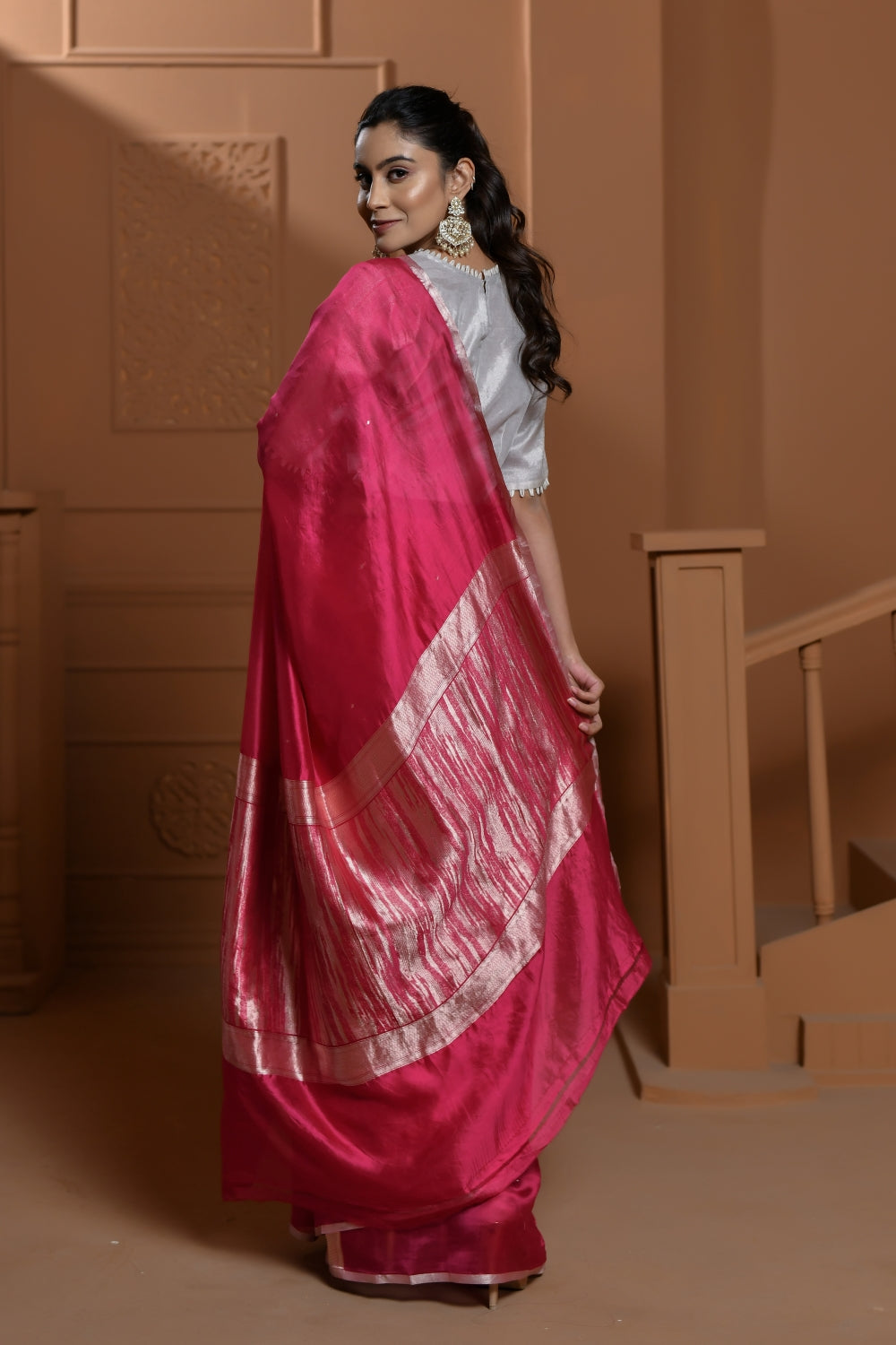 Pure Katan Organza Saree in Vivid Pink
