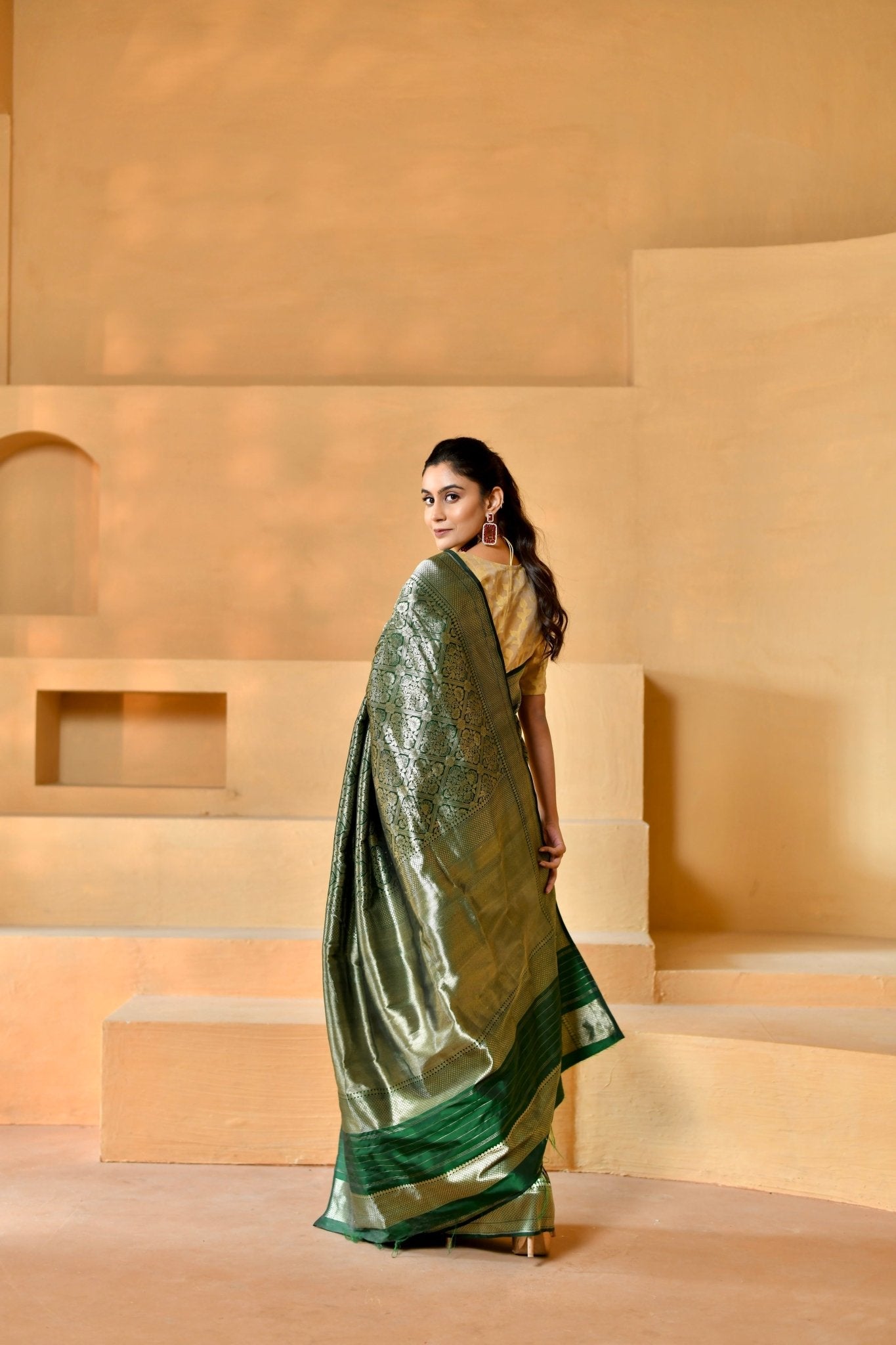 Deep Bottle Green Tissue Silk with Intricate Brocade Jaal - Banarasiya