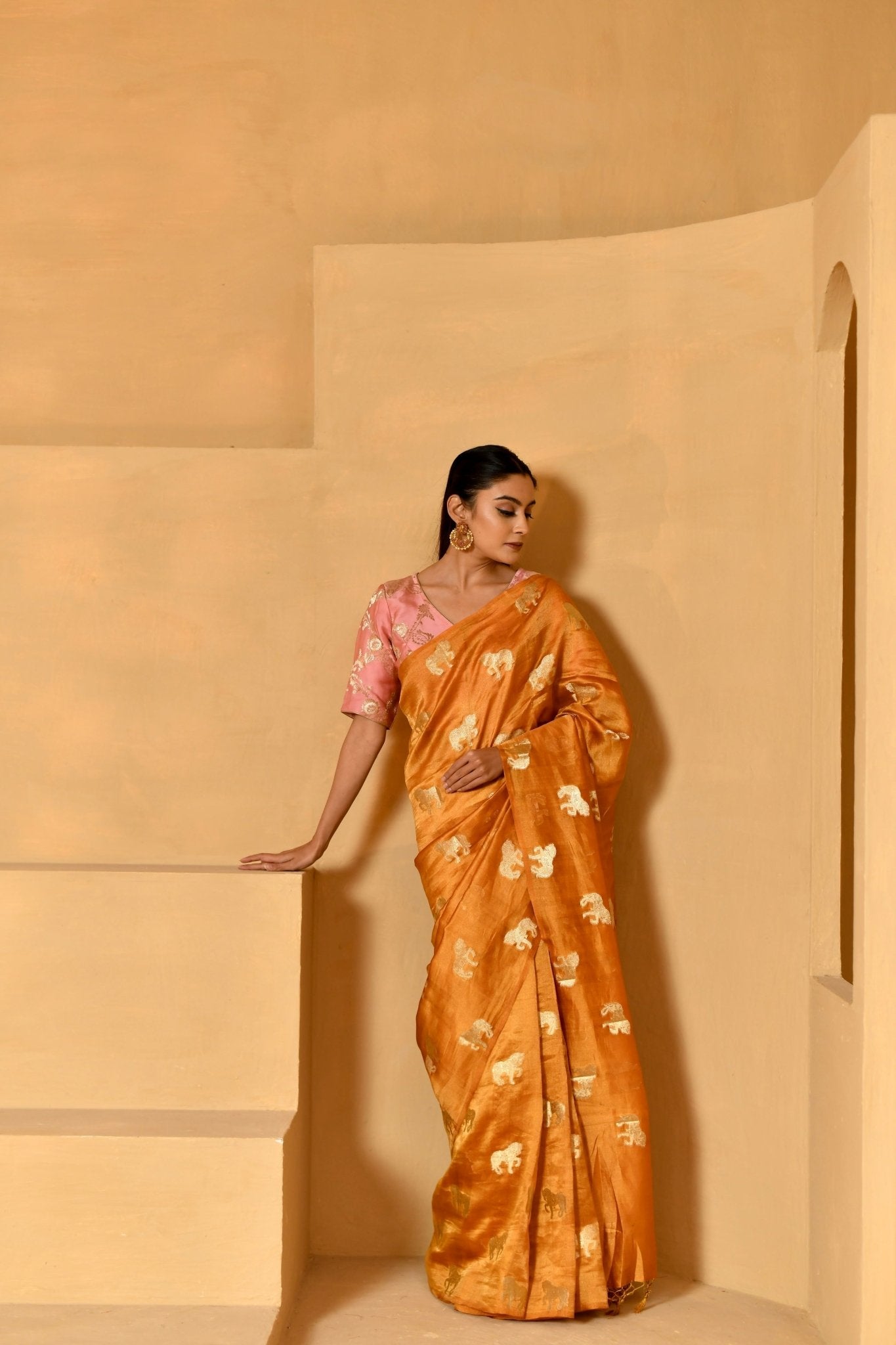 Figure Motifs Woven on Mustard Chiniya Silk Saree - Banarasiya